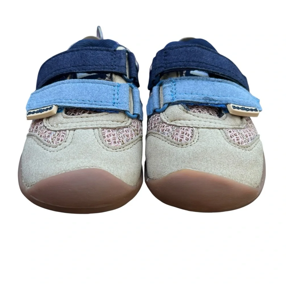 Pediped Gehrig baby shoes in Gingersnap tan and blue with hook & loop straps